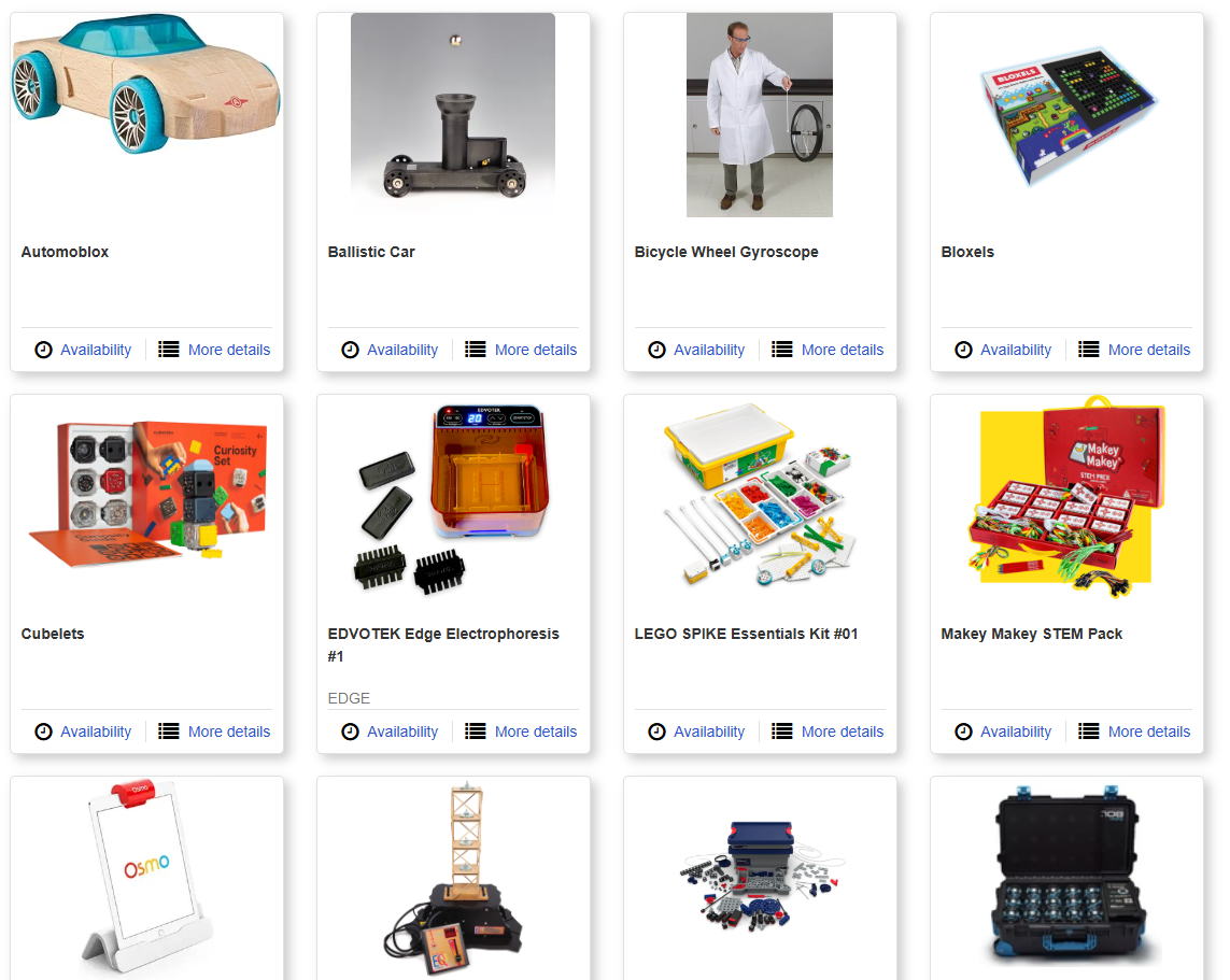 This picture is a screen shot of items that can be found at the Kummer Center for STEM Education Lending Library.